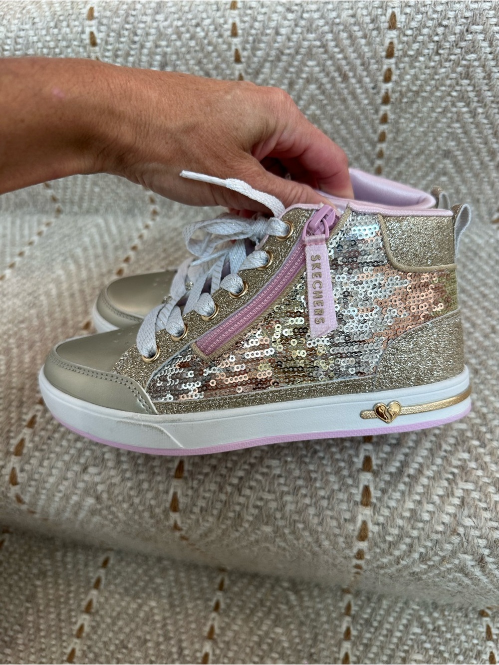 Skechers Girls Gold Sequin High-Top Sneakers with Pink Accents